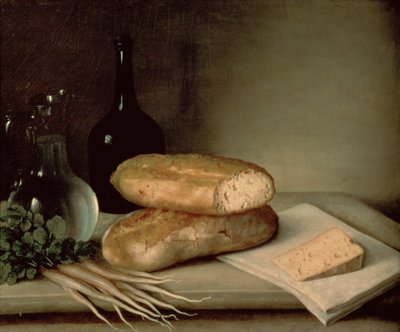 Nature morte avec pain, fromage et flacon de vin - Claude Joseph Fraichot